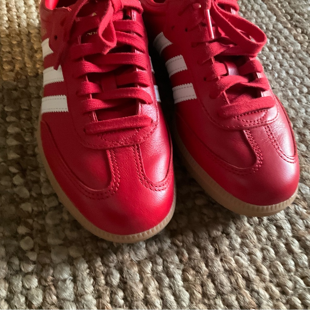 adidas Red Samba Sneakers with White Stripes - Picture 3 of 11